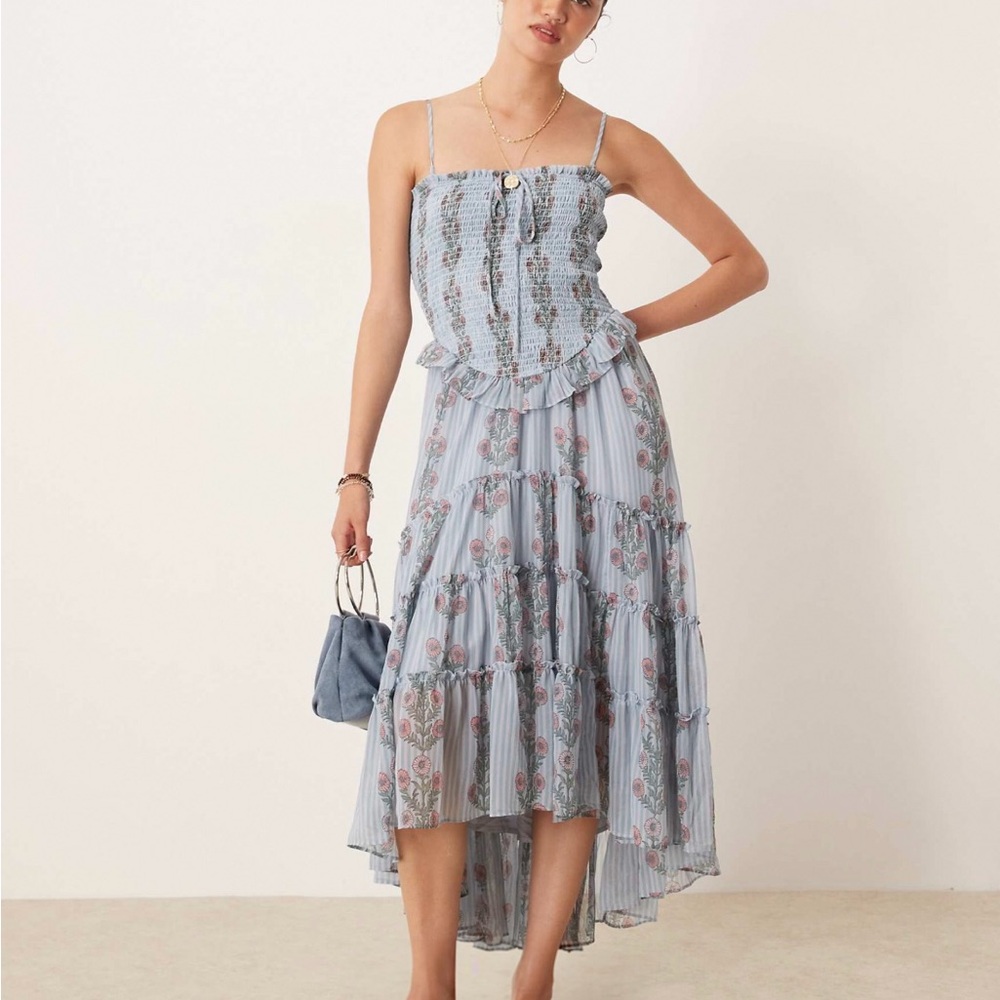 Free People Blue Floral High-Low Smocked Midi Dress with Ruffle Waist